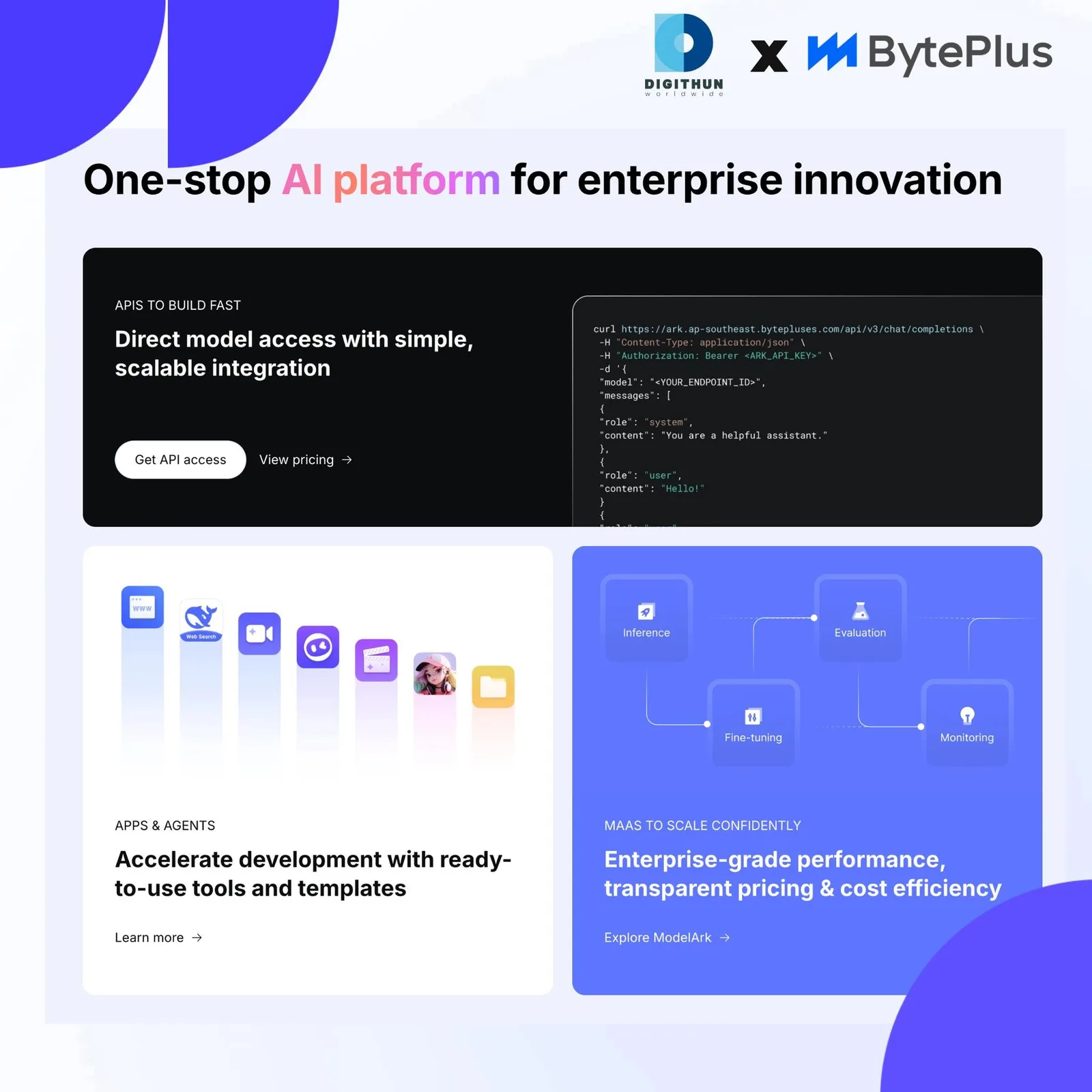 A card headed “One-stop AI platform for enterprise innovation” showing three ModelArk panels: direct model access with an example API call, ready-to-use apps and agents, and a model-as-a-service panel diagramming inference, fine-tuning, evaluation and monitoring.
